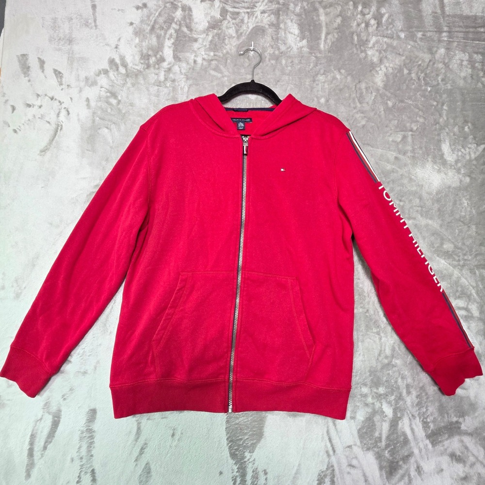 Tommy Hilfiger Boys Red Full Zip Hoodie Sweatshirt XL 18/20 Logo Sleeve TBFHB65F